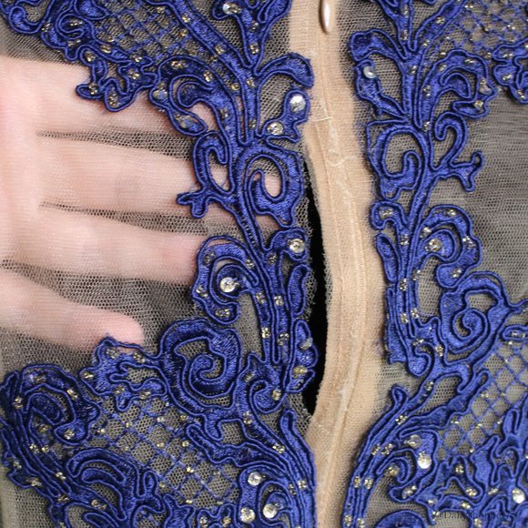 Marchesa Notte Navy Blue & Metallic Gold Lace Beaded Back Trumpet Evening Gown - Picture 8 of 8